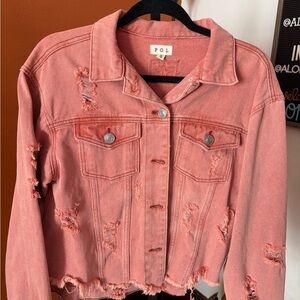 POL Women's Pink Distressed Jean Jacket